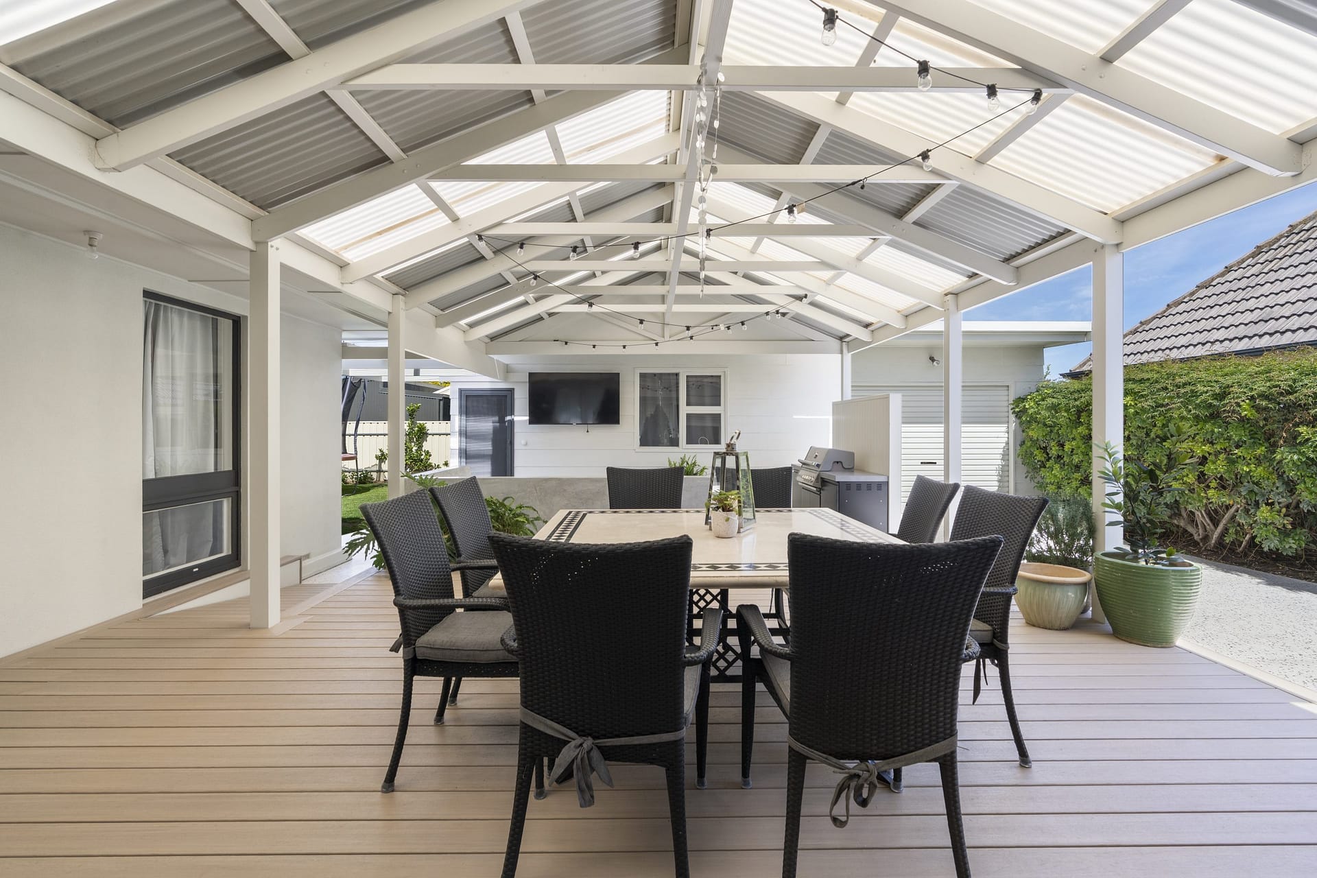 Covered alfresco and outdoor entertaining space renovated by Finch Constructions in Glengowrie